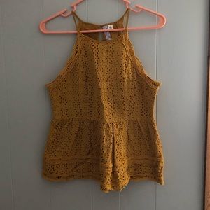 Eyelet peplum high neck tank